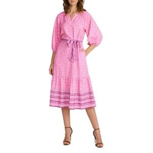 Mila Mae Pink Border Print Tie Waist Floral Paisley Midi Dress Size XS